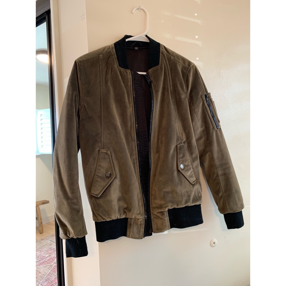 Dark Olive Velvet-like Bomber Jacket